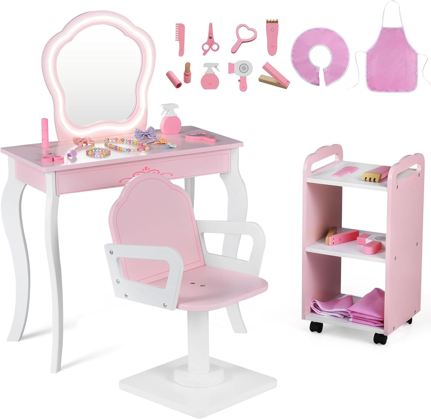 Olakids Kids Vanity with Lights and Barber Chair, Wooden Princess Makeup Dressing Desk for Girls Aged 3+