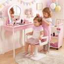 Olakids Kids Vanity with Lights and Barber Chair, Wooden Princess Makeup Dressing Desk for Girls Aged 3+