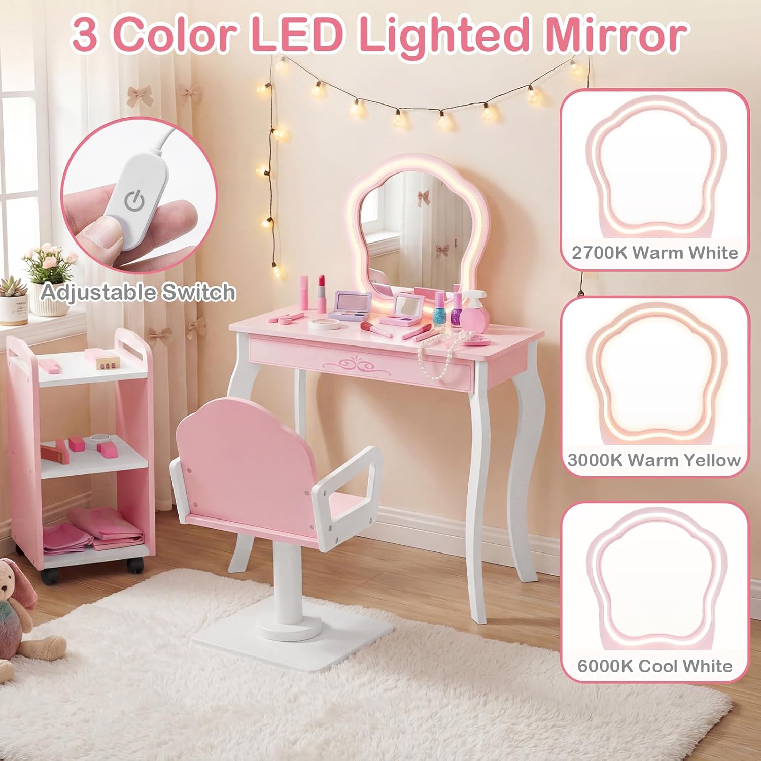 Olakids Kids Vanity with Lights and Barber Chair, Wooden Princess Makeup Dressing Desk for Girls Aged 3+