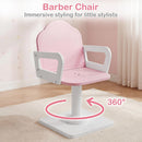Olakids Kids Vanity with Lights and Barber Chair, Wooden Princess Makeup Dressing Desk for Girls Aged 3+