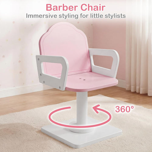 Olakids Kids Vanity with Lights and Barber Chair, Wooden Princess Makeup Dressing Desk for Girls Aged 3+