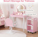 Olakids Kids Vanity with Lights and Barber Chair, Wooden Princess Makeup Dressing Desk for Girls Aged 3+