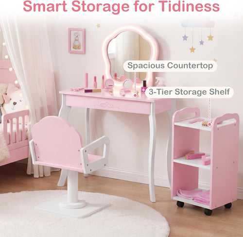 Olakids Kids Vanity with Lights and Barber Chair, Wooden Princess Makeup Dressing Desk for Girls Aged 3+