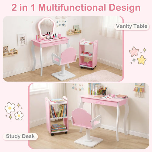 Olakids Kids Vanity with Lights and Barber Chair, Wooden Princess Makeup Dressing Desk for Girls Aged 3+