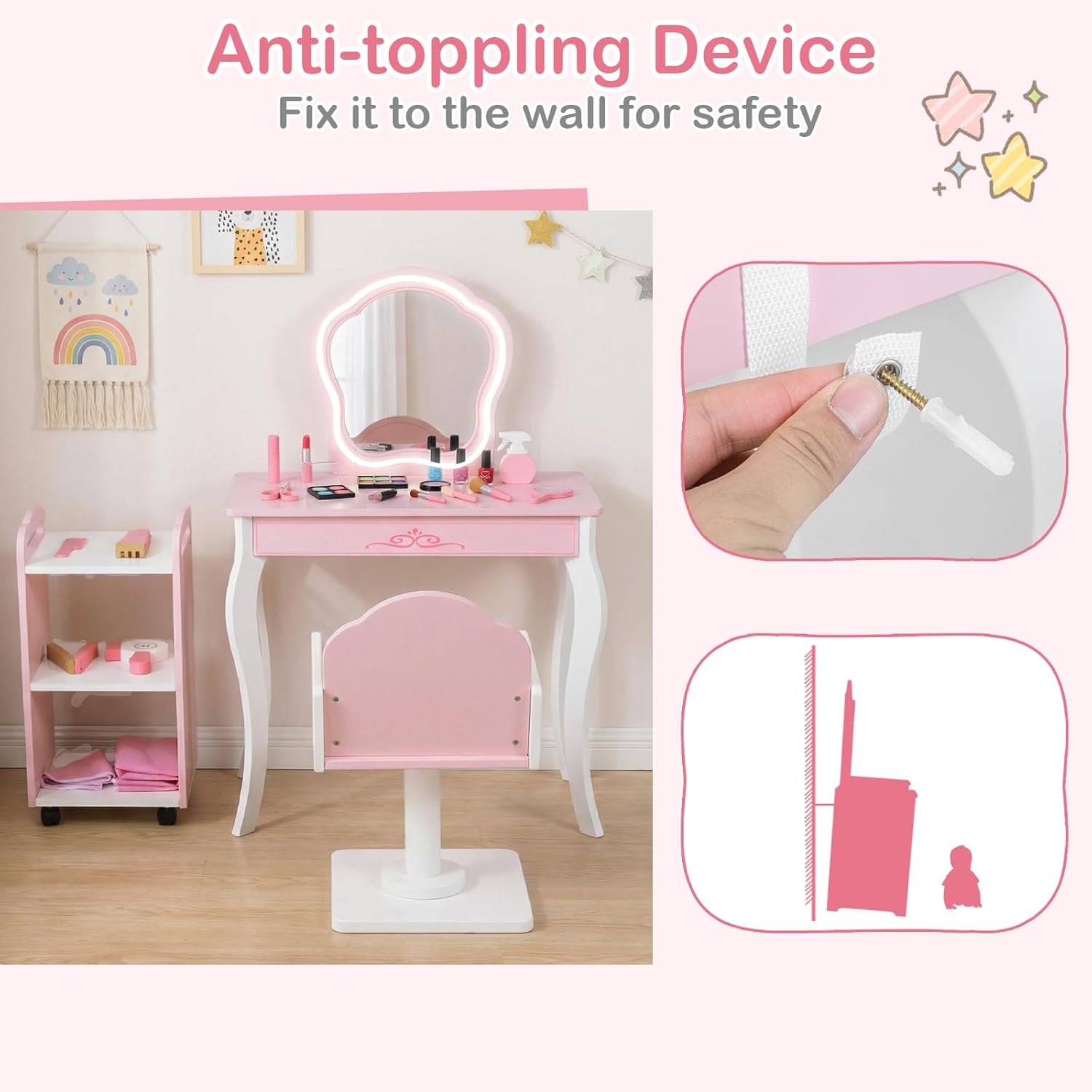 Olakids Kids Vanity with Lights and Barber Chair, Wooden Princess Makeup Dressing Desk for Girls Aged 3+