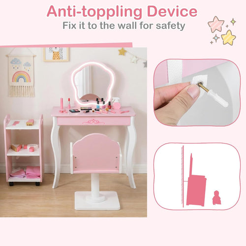 Olakids Kids Vanity with Lights and Barber Chair, Wooden Princess Makeup Dressing Desk for Girls Aged 3+