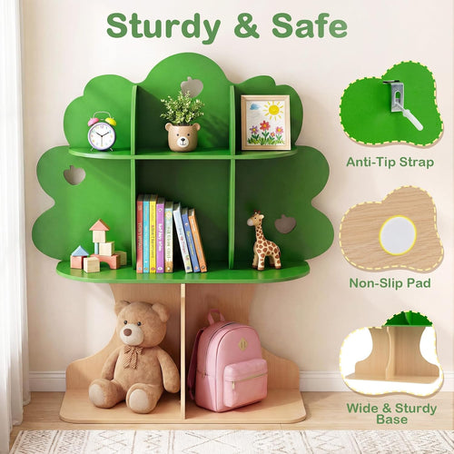 OLAKIDS 3-Tier Wooden Montessori Tree Bookshelf for Kids Toy Storage