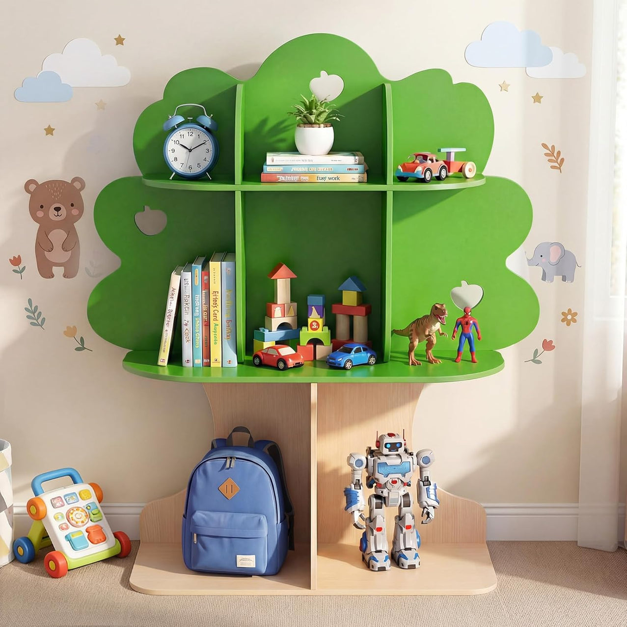 OLAKIDS 3-Tier Wooden Montessori Tree Bookshelf for Kids Toy Storage