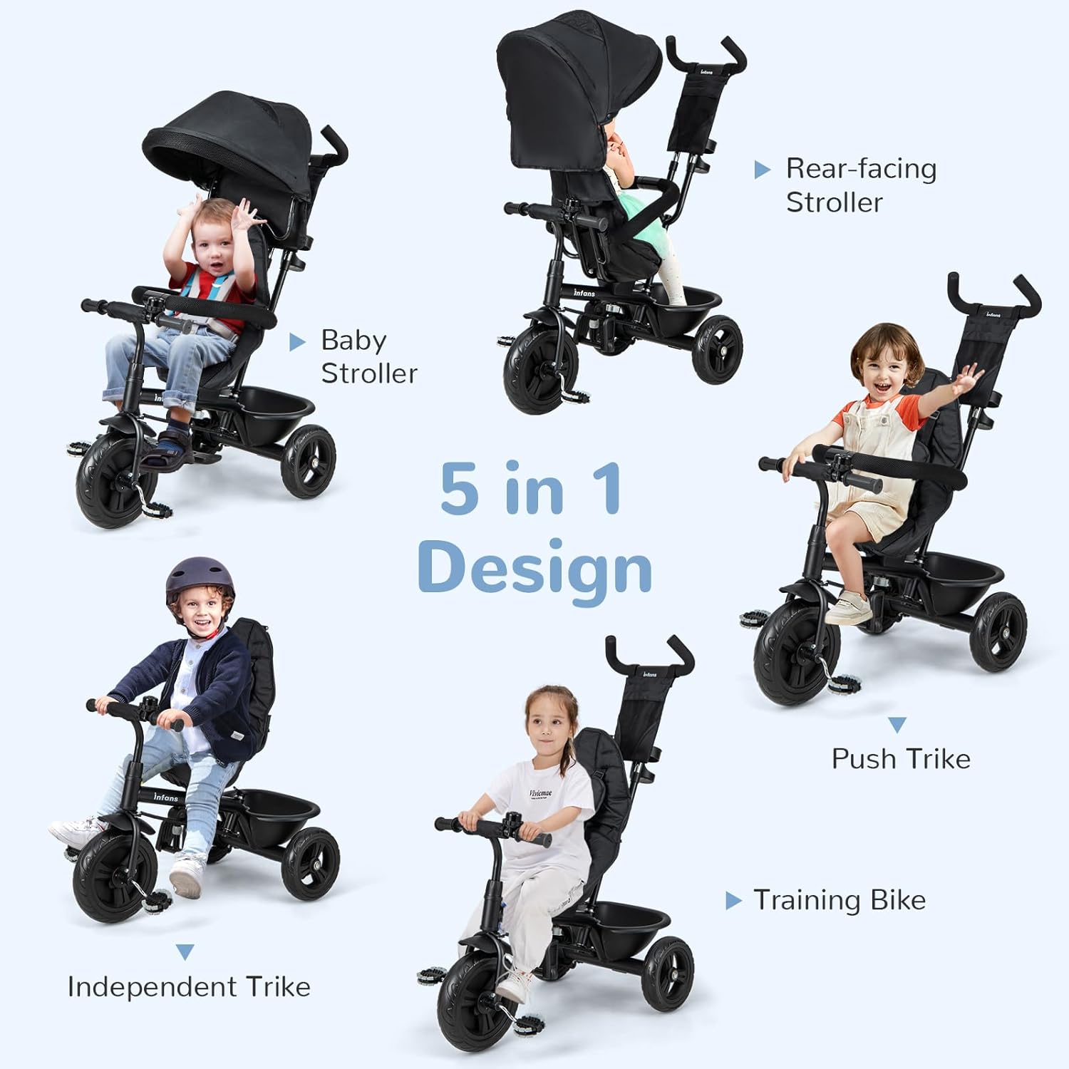 OLAKIDS Kids Tricycle 6 in 1 Baby Trike Toddler Bike with Reversible Seat 9-60 Months Black