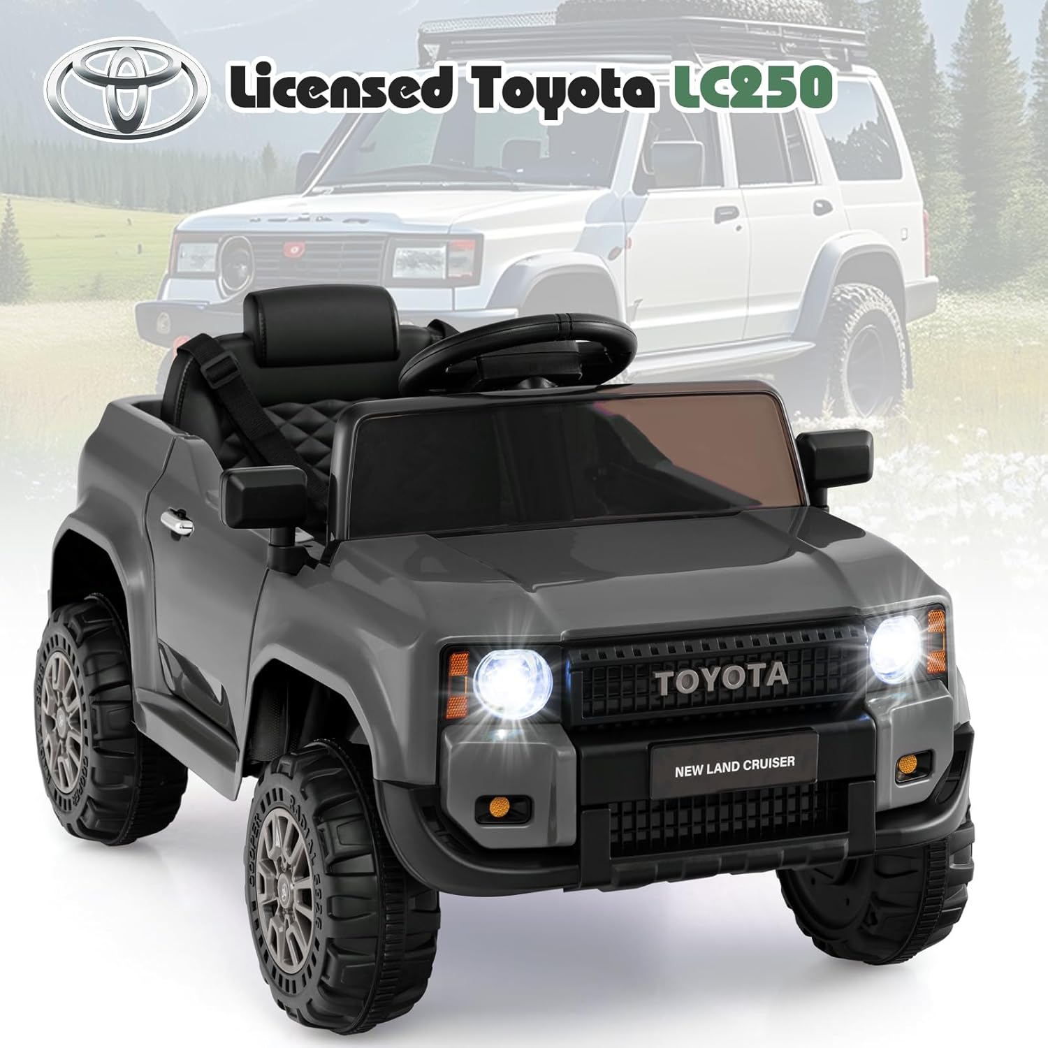 Licensed Toyota LC250 Ride on Car by OLAKIDS, 12V Kids Electric Vehicle with Remote Control, Toddlers Battery Powered Toy Gift with 2 Speeds 4 Wheels Suspension Power Display USB Music Horn