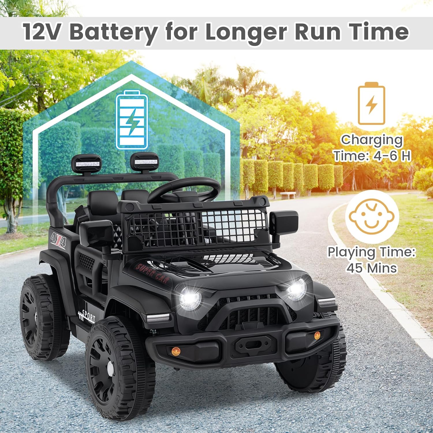 OLAKIDS 12V Ride On Truck, Battery Powered Electric Vehicle for Kids with Remote Control, Foldable Reflective Mirror, Spring Suspension, Music, LED Lights, Ride on Toy for 3+ Boys Girls