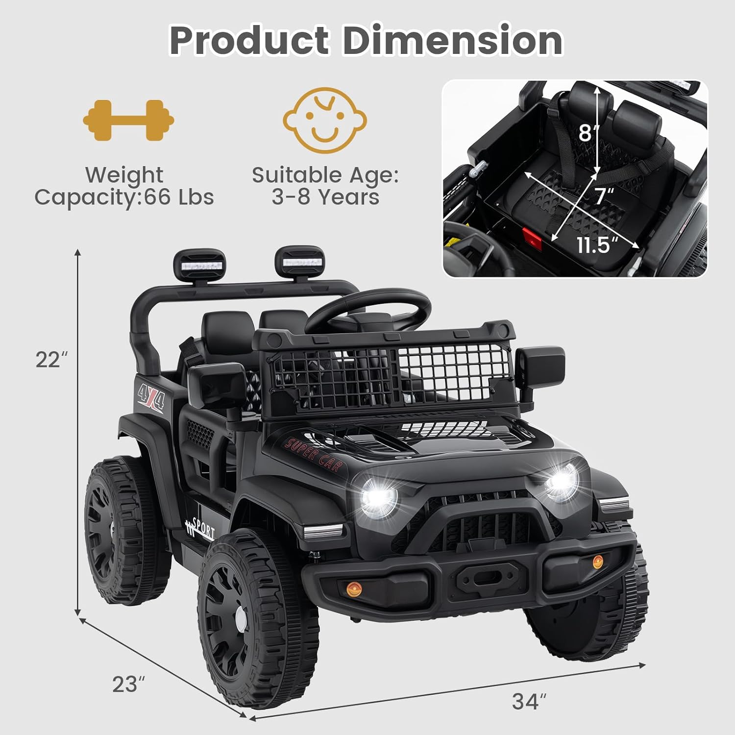 OLAKIDS 12V Ride On Truck, Battery Powered Electric Vehicle for Kids with Remote Control, Foldable Reflective Mirror, Spring Suspension, Music, LED Lights, Ride on Toy for 3+ Boys Girls