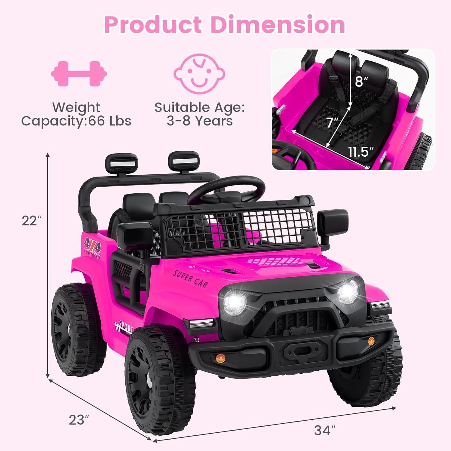 OLAKIDS 12V Ride On Truck, Battery Powered Electric Vehicle for Kids with Remote Control, Foldable Reflective Mirror, Spring Suspension, Music, LED Lights, Ride on Toy for 3+ Boys Girls