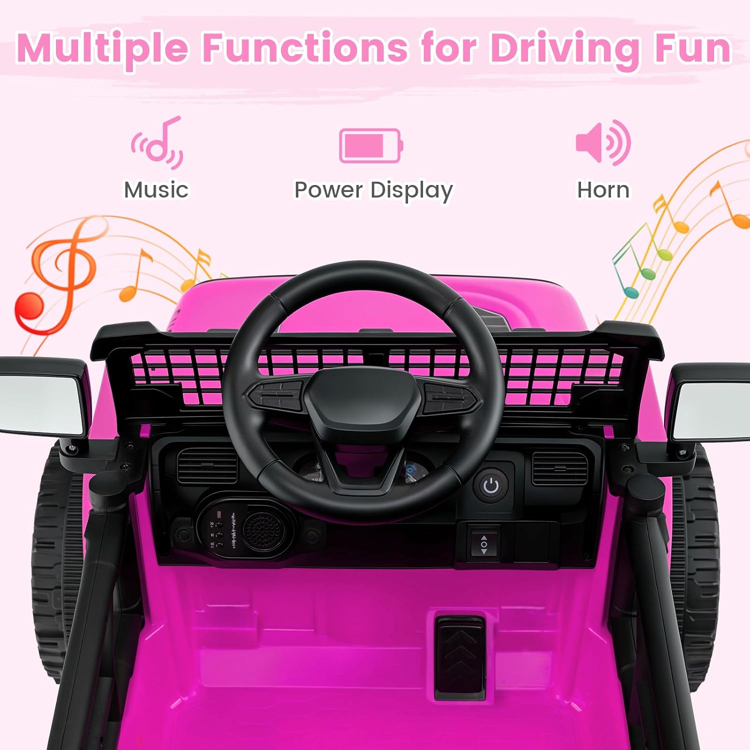 OLAKIDS 12V Ride On Truck, Battery Powered Electric Vehicle for Kids with Remote Control, Foldable Reflective Mirror, Spring Suspension, Music, LED Lights, Ride on Toy for 3+ Boys Girls