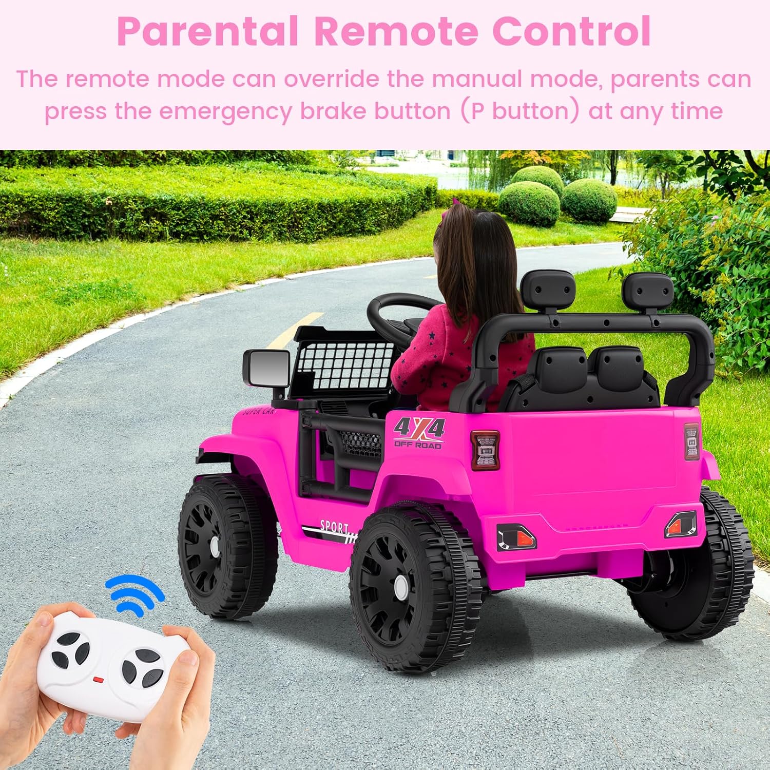 OLAKIDS 12V Ride On Truck, Battery Powered Electric Vehicle for Kids with Remote Control, Foldable Reflective Mirror, Spring Suspension, Music, LED Lights, Ride on Toy for 3+ Boys Girls