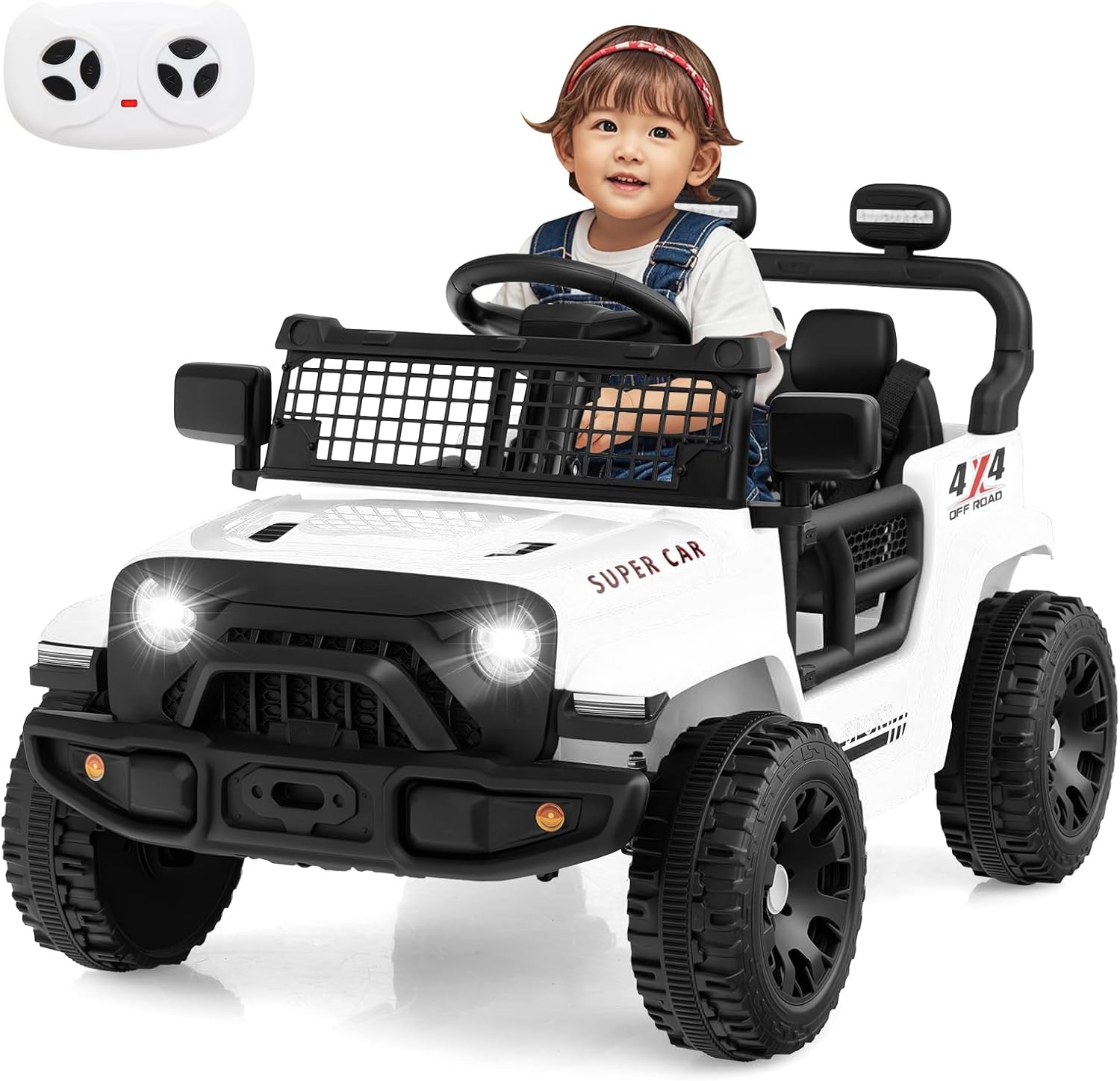 OLAKIDS 12V Ride On Truck, Battery Powered Electric Vehicle for Kids with Remote Control, Foldable Reflective Mirror, Spring Suspension, Music, LED Lights, Ride on Toy for 3+ Boys Girls