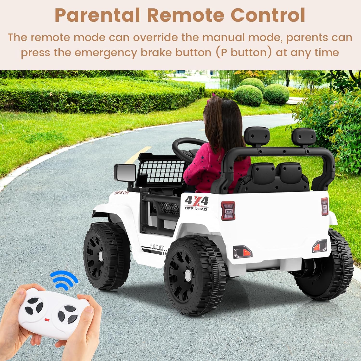 OLAKIDS 12V Ride On Truck, Battery Powered Electric Vehicle for Kids with Remote Control, Foldable Reflective Mirror, Spring Suspension, Music, LED Lights, Ride on Toy for 3+ Boys Girls