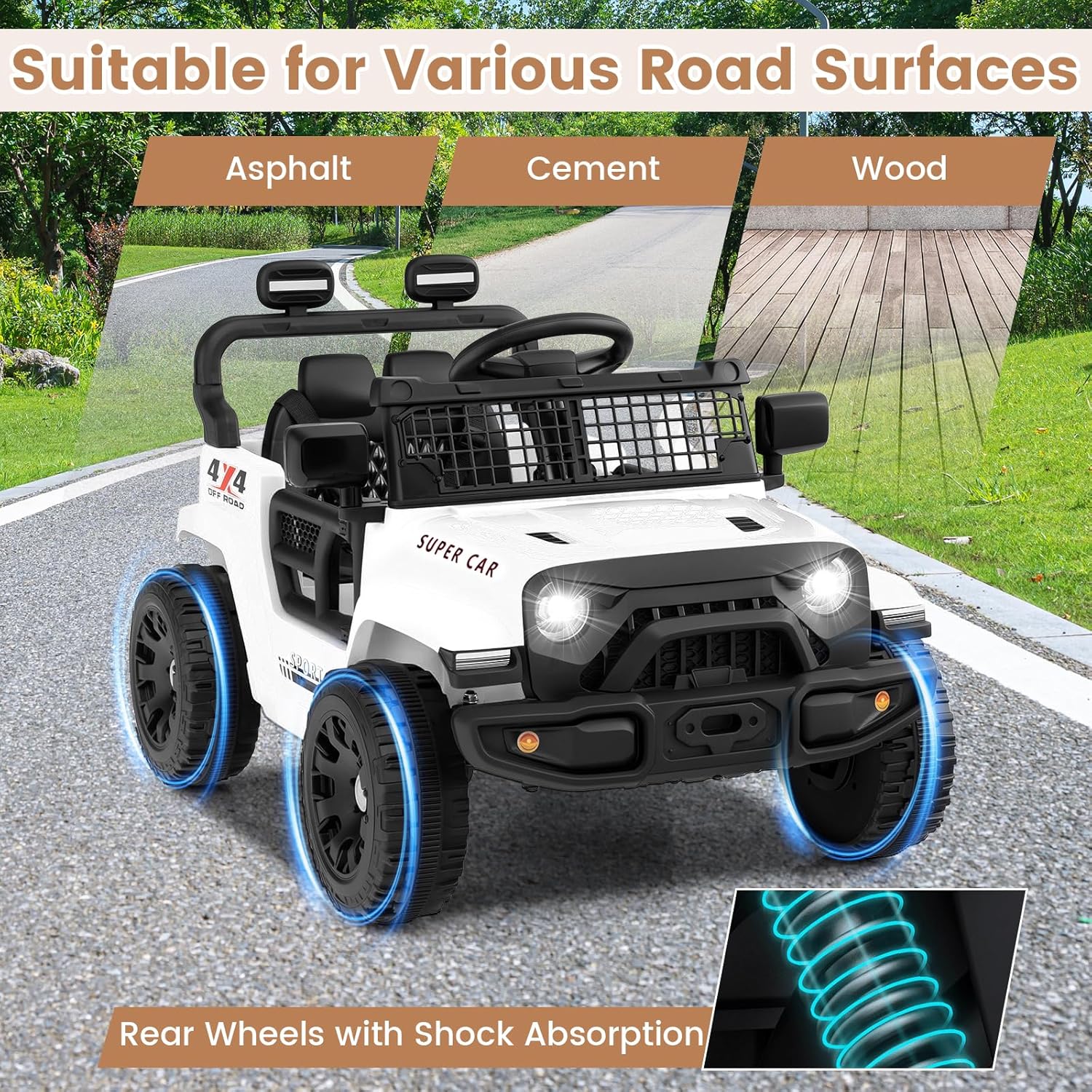 OLAKIDS 12V Ride On Truck, Battery Powered Electric Vehicle for Kids with Remote Control, Foldable Reflective Mirror, Spring Suspension, Music, LED Lights, Ride on Toy for 3+ Boys Girls