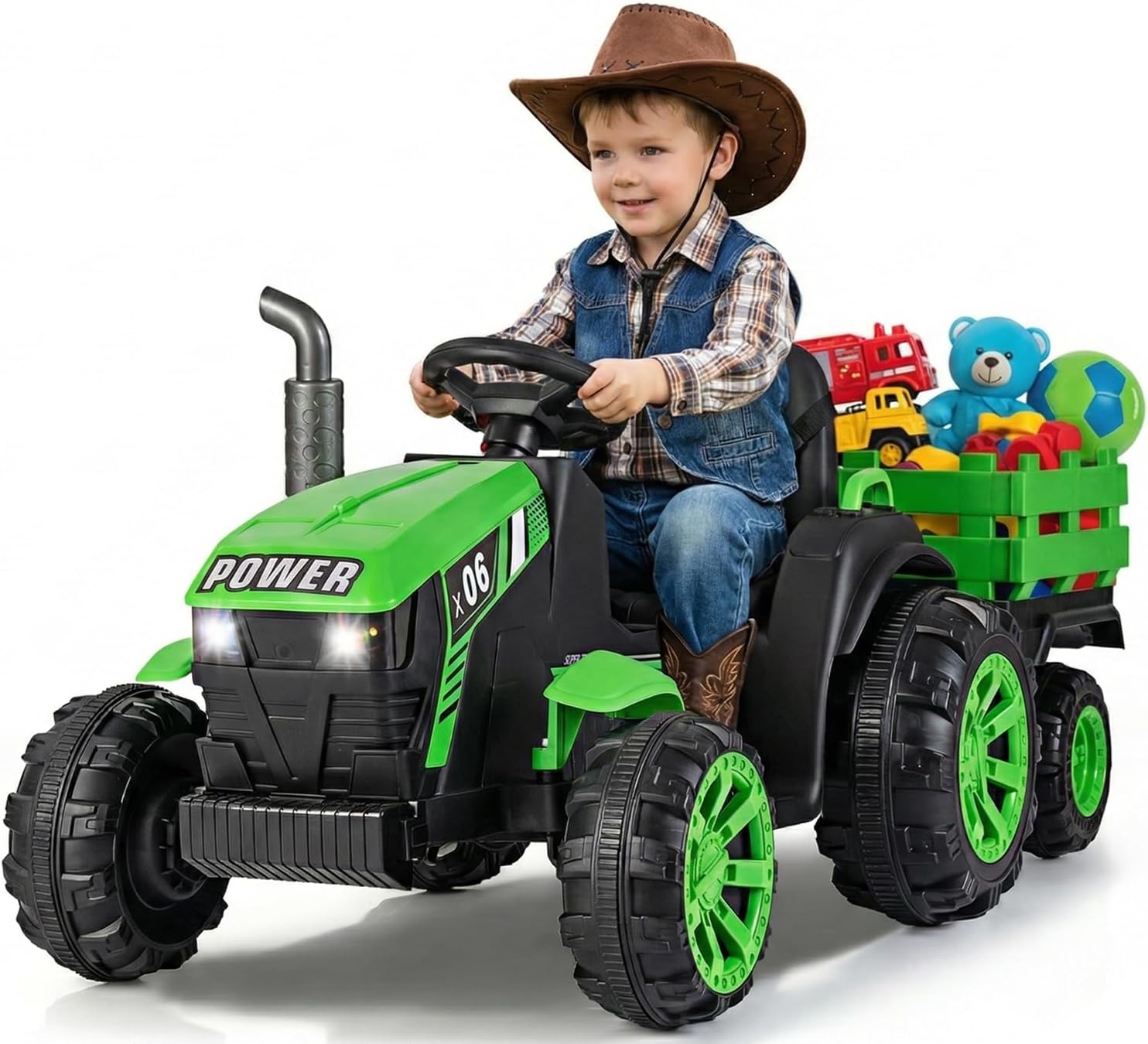 OLAKIDS 24V 9AH Ride on Tractor with Detachable Trailer, 2 x 550W Motors, Remote Control for Toddler