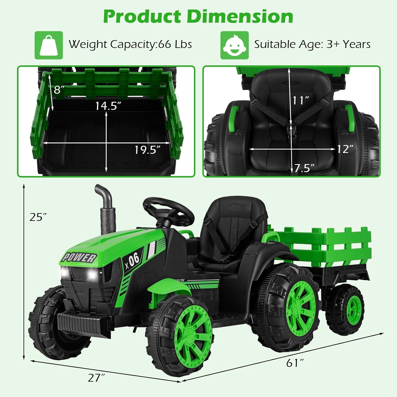 OLAKIDS 24V 9AH Ride on Tractor with Detachable Trailer, 2 x 550W Motors, Remote Control for Toddler