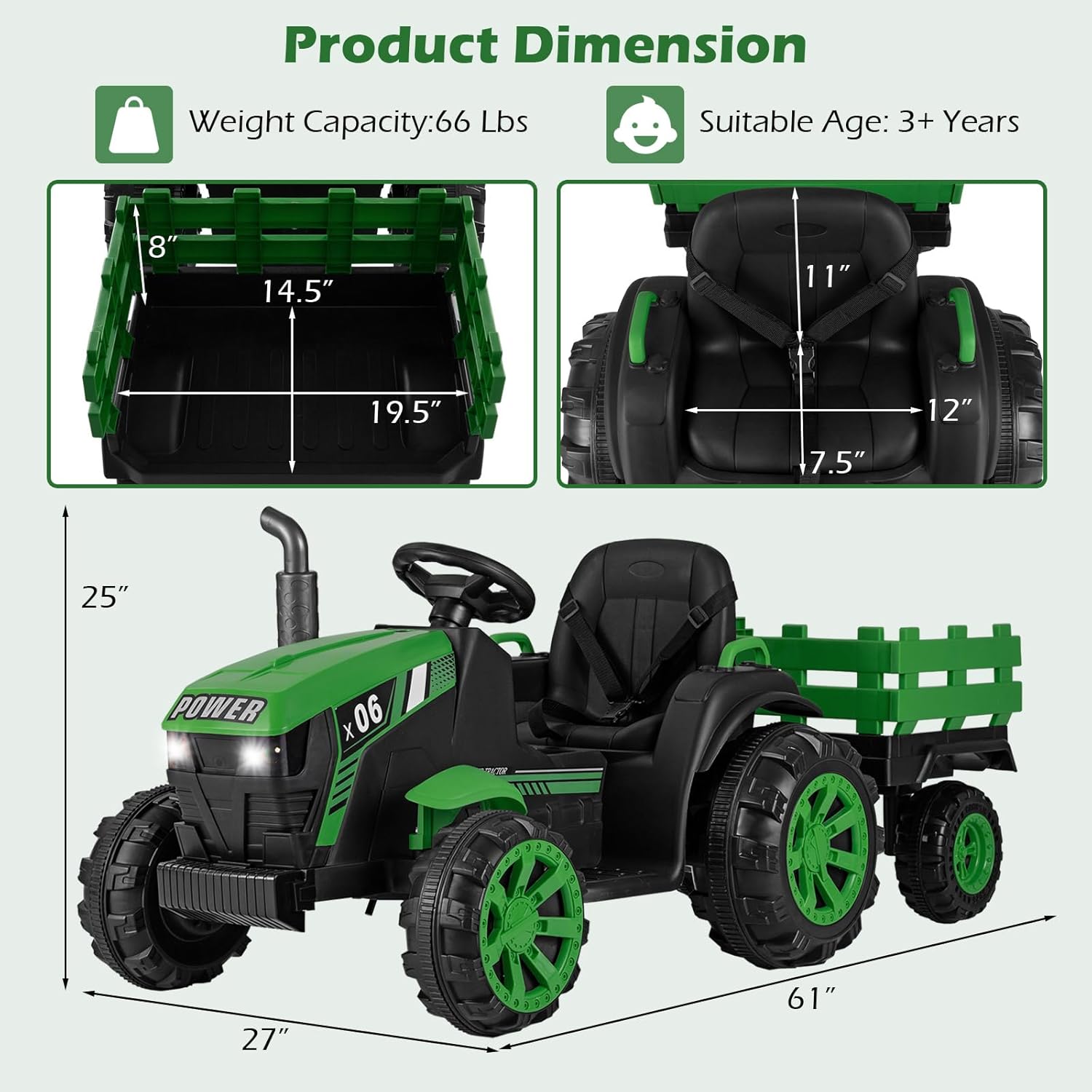 OLAKIDS 24V 9AH Ride on Tractor with Detachable Trailer, 2 x 550W Motors, Remote Control for Toddler