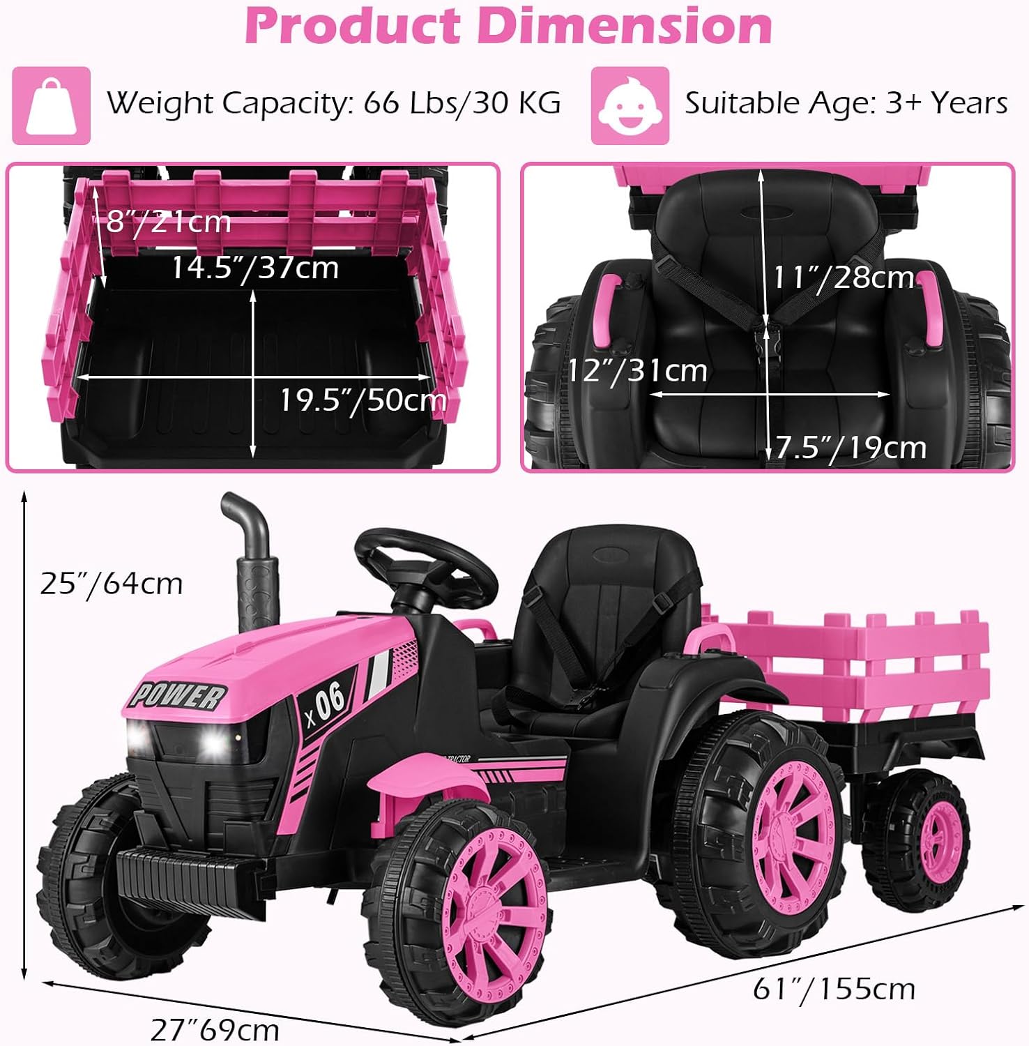 OLAKIDS 24V 9AH Ride on Tractor with Detachable Trailer, 2 x 550W Motors, Remote Control for Toddler