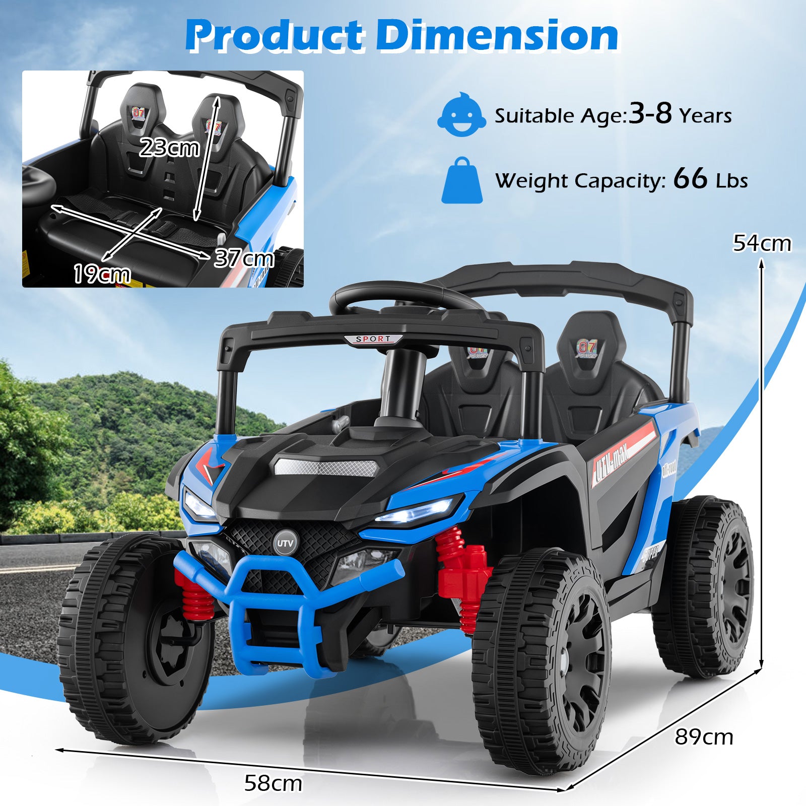 OLAKIDS 12V Ride on Car UTV, Electric Off-Road Truck with Remote Control, Lockable Doors, Safety Belt, Horn, Music, Lights, 4 Wheeler Toys for Kids Toddlers Aged 3+ Years