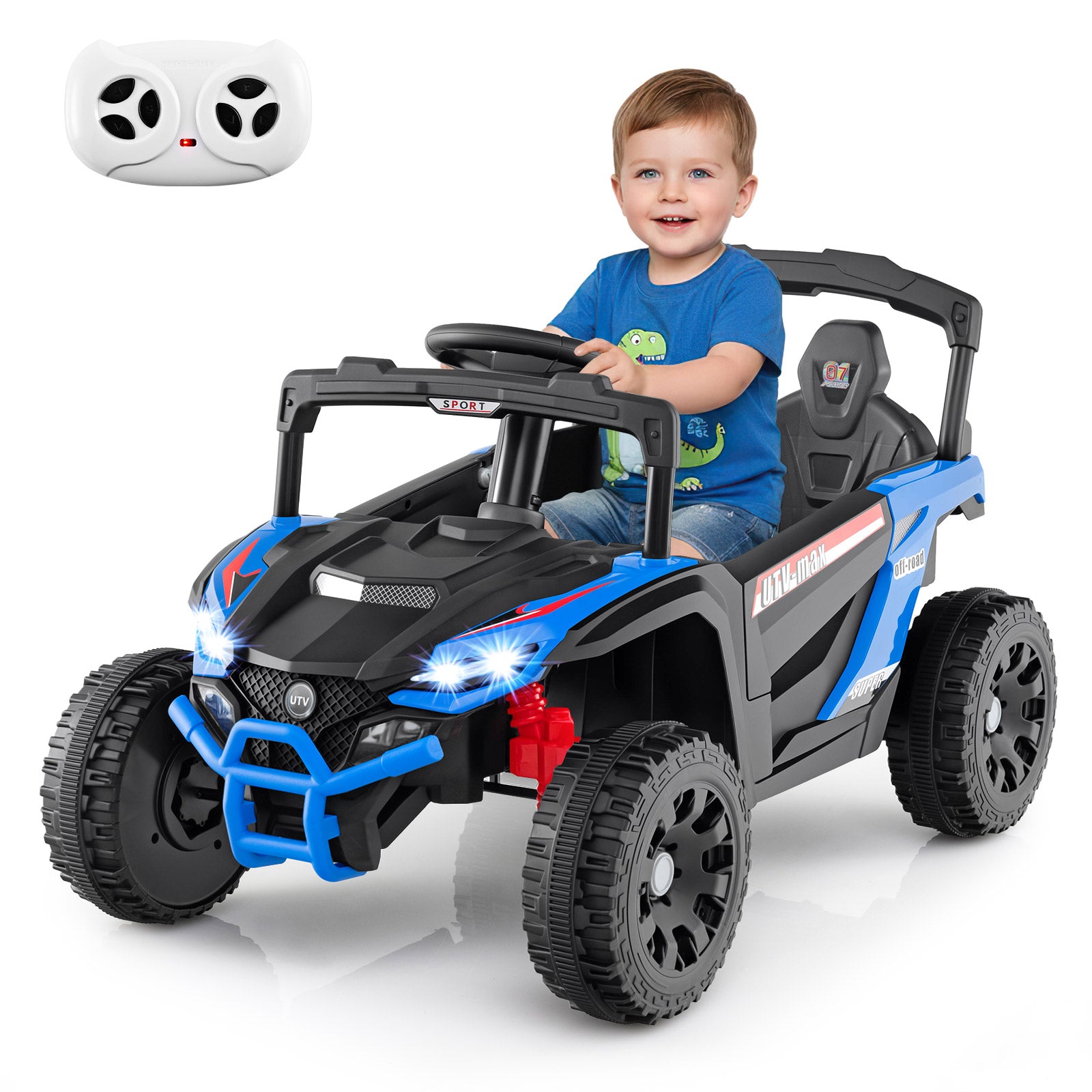 OLAKIDS 12V Ride on Car UTV, Electric Off-Road Truck with Remote Control, Lockable Doors, Safety Belt, Horn, Music, Lights, 4 Wheeler Toys for Kids Toddlers Aged 3+ Years