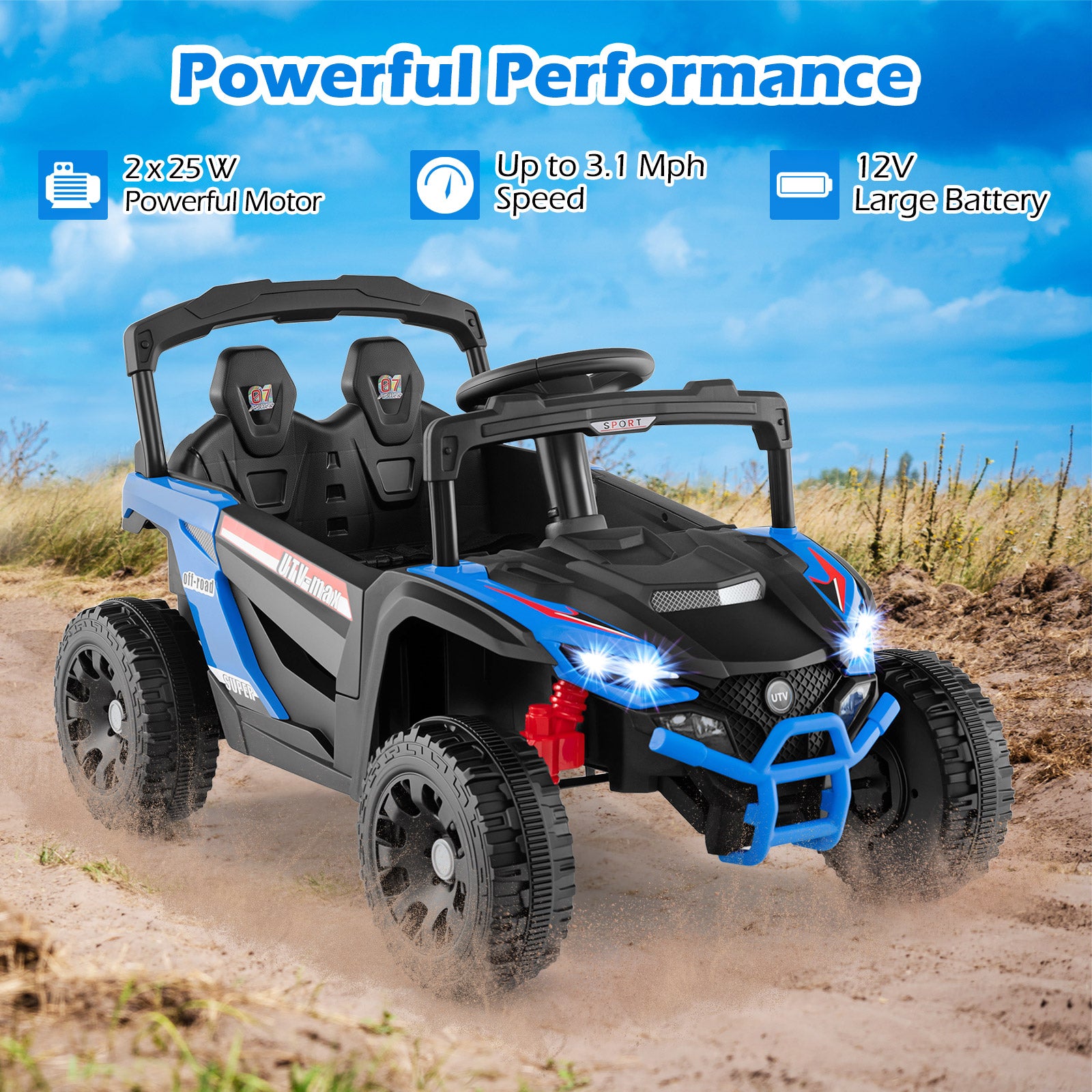 OLAKIDS 12V Ride on Car UTV, Electric Off-Road Truck with Remote Control, Lockable Doors, Safety Belt, Horn, Music, Lights, 4 Wheeler Toys for Kids Toddlers Aged 3+ Years
