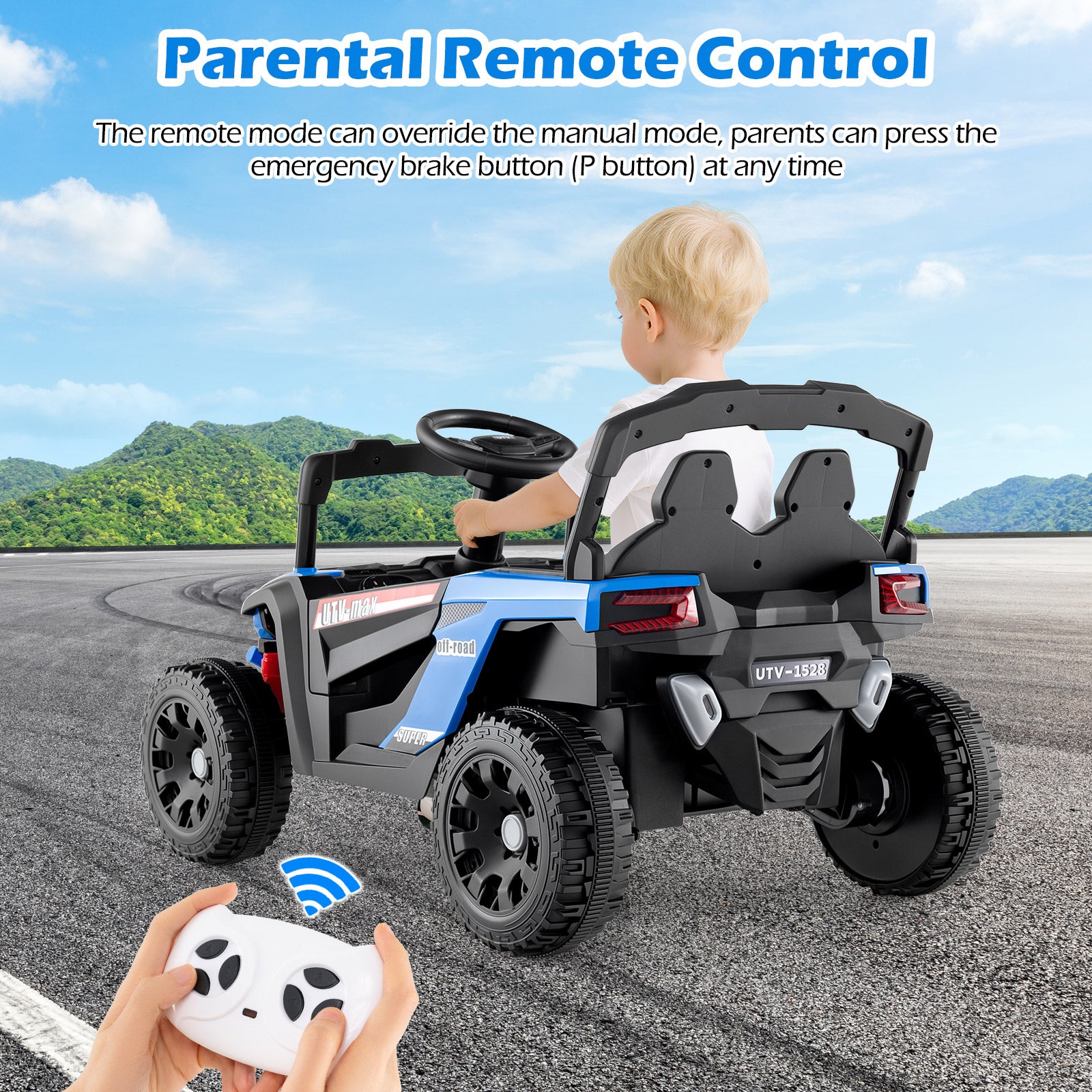 OLAKIDS 12V Ride on Car UTV, Electric Off-Road Truck with Remote Control, Lockable Doors, Safety Belt, Horn, Music, Lights, 4 Wheeler Toys for Kids Toddlers Aged 3+ Years