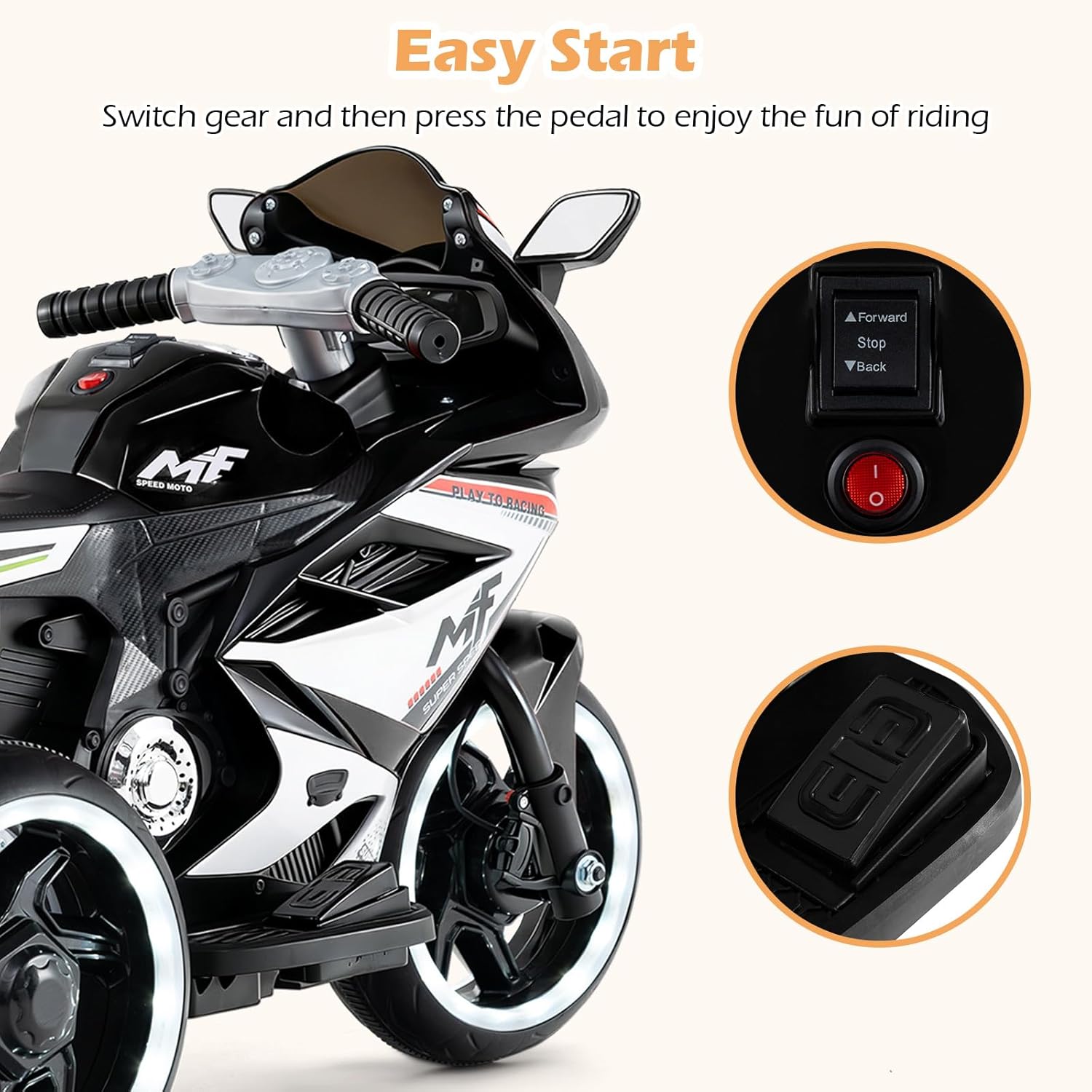 OLAKIDS 6V 3-Wheel Kids Motorcycle with Lights & Music for Toddlers 3+