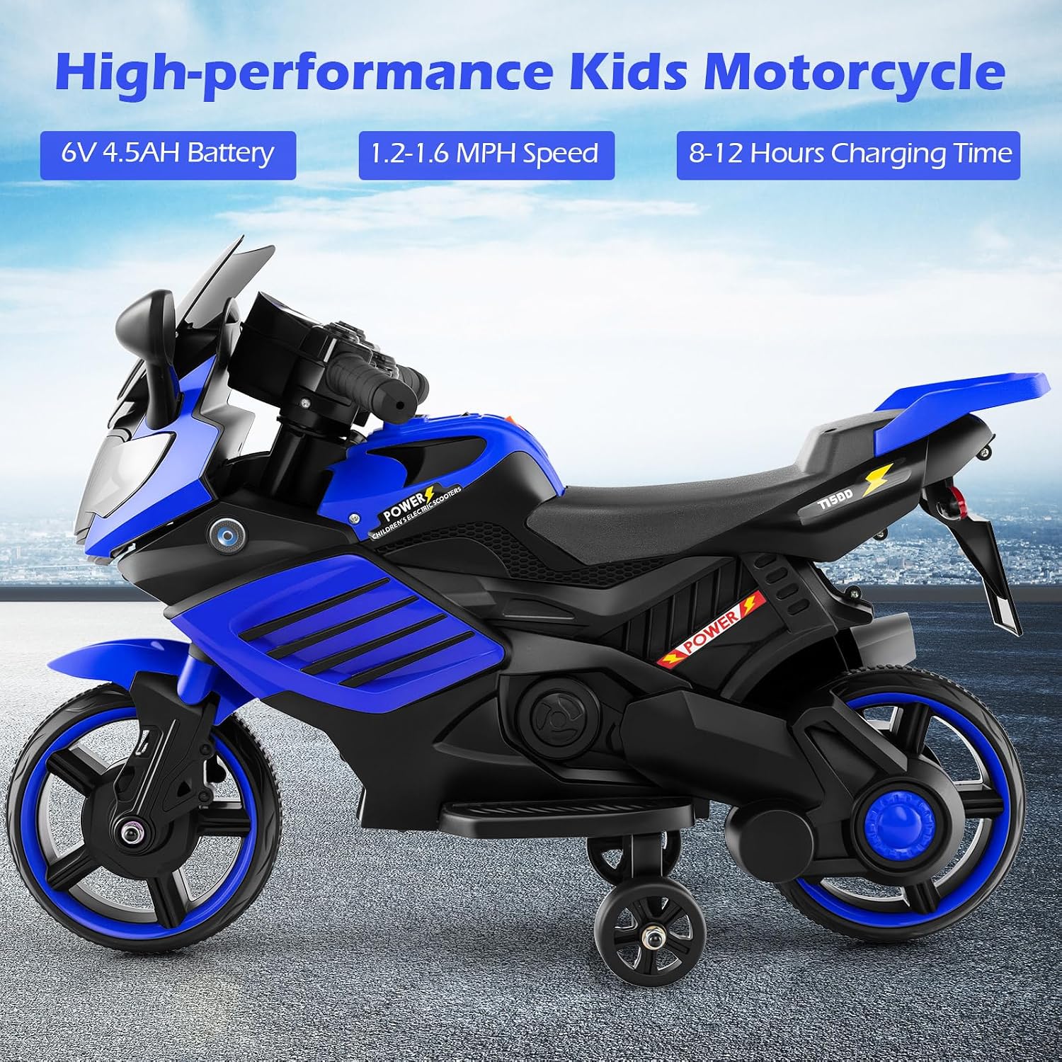 OLAKIDS 6V Kids Motorcycle with Training Wheels,for Boys Girls Aged 3+ Years