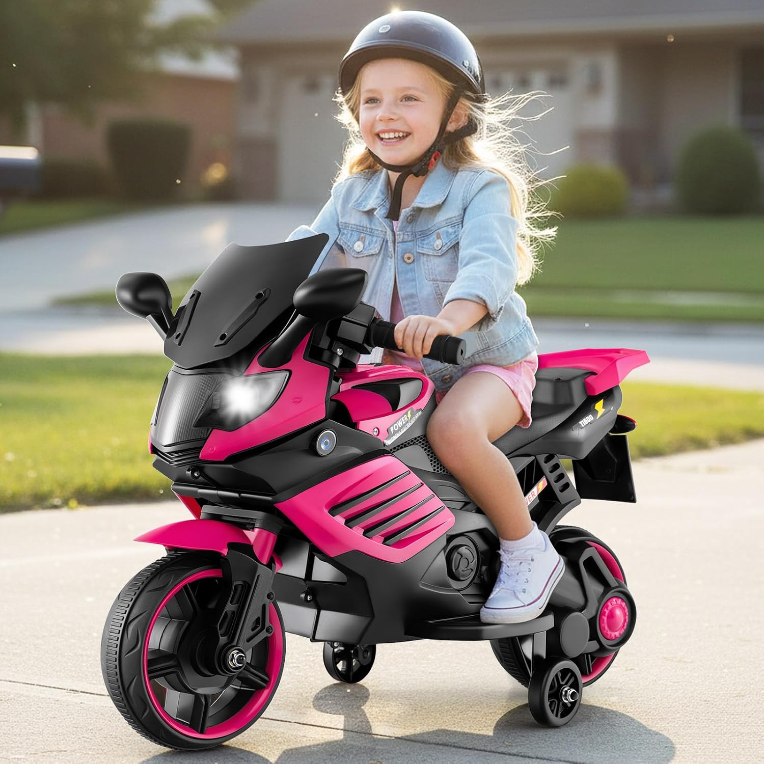 OLAKIDS 6V Kids Motorcycle with Training Wheels,for Boys Girls Aged 3+ Years