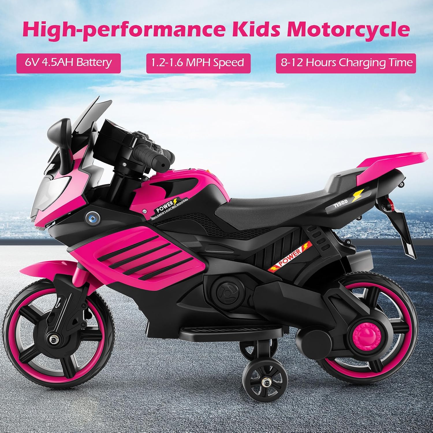 OLAKIDS 6V Kids Motorcycle with Training Wheels,for Boys Girls Aged 3+ Years
