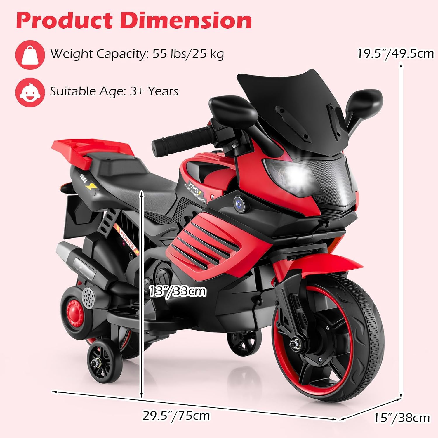 OLAKIDS 6V Kids Motorcycle with Training Wheels,for Boys Girls Aged 3+ Years