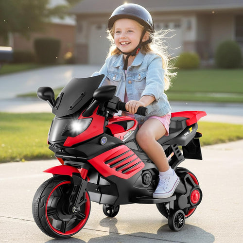 OLAKIDS 6V Kids Motorcycle with Training Wheels,for Boys Girls Aged 3+ Years