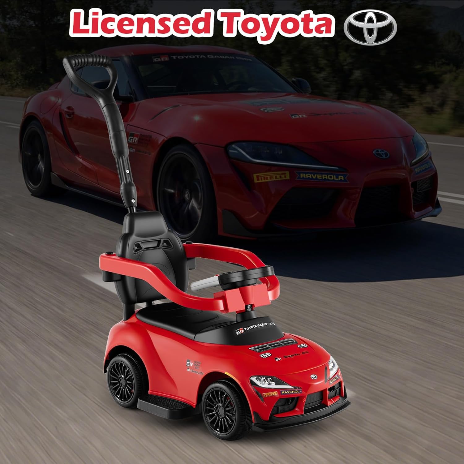 OLAKIDS Licensed Toyota 3 in 1 Toddler Ride On Push Car with Parent Handle, Guardrails and Storage
