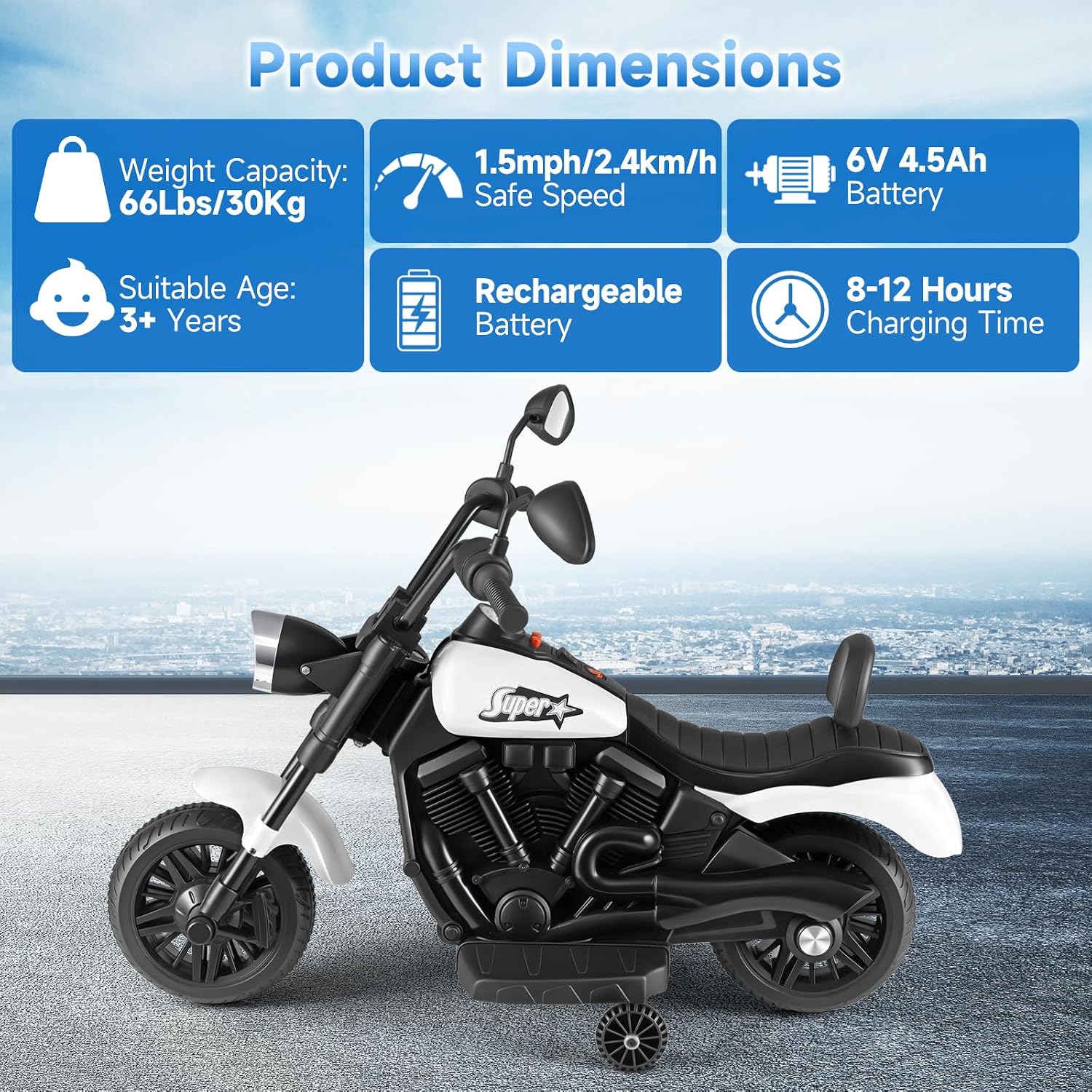 OLAKIDS Kids Motorcycle, 6V Ride On Toy with Training Wheels, for Toddlers 3+ Years
