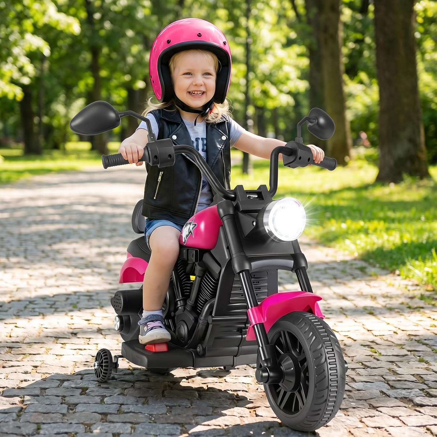 OLAKIDS Kids Motorcycle, 6V Ride On Toy with Training Wheels, for Toddlers 3+ Years