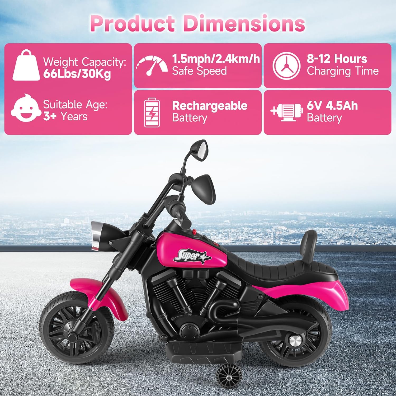 OLAKIDS Kids Motorcycle, 6V Ride On Toy with Training Wheels, for Toddlers 3+ Years