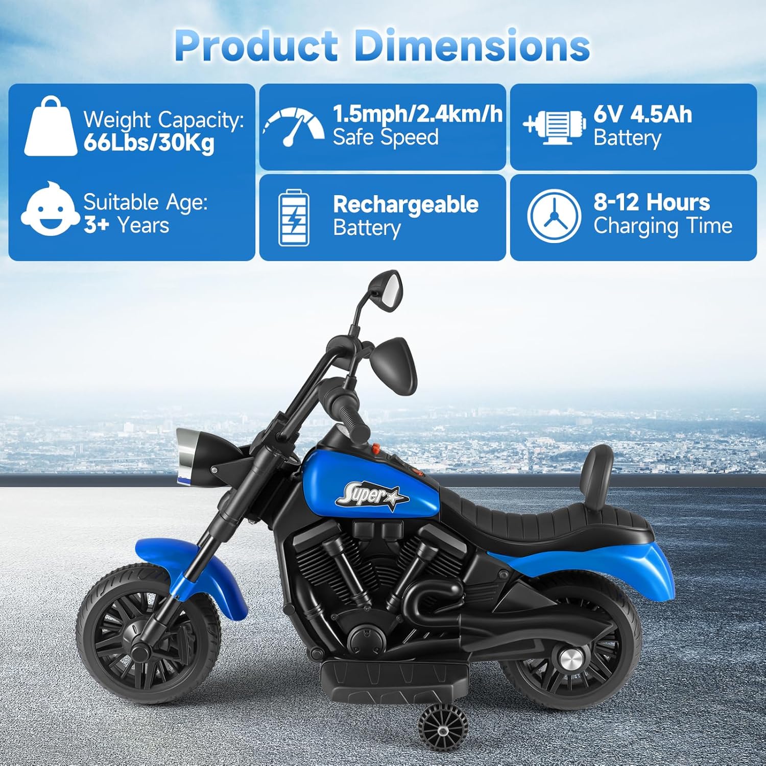 OLAKIDS Kids Motorcycle, 6V Ride On Toy with Training Wheels, for Toddlers 3+ Years