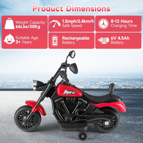 OLAKIDS Kids Motorcycle, 6V Ride On Toy with Training Wheels, for Toddlers 3+ Years