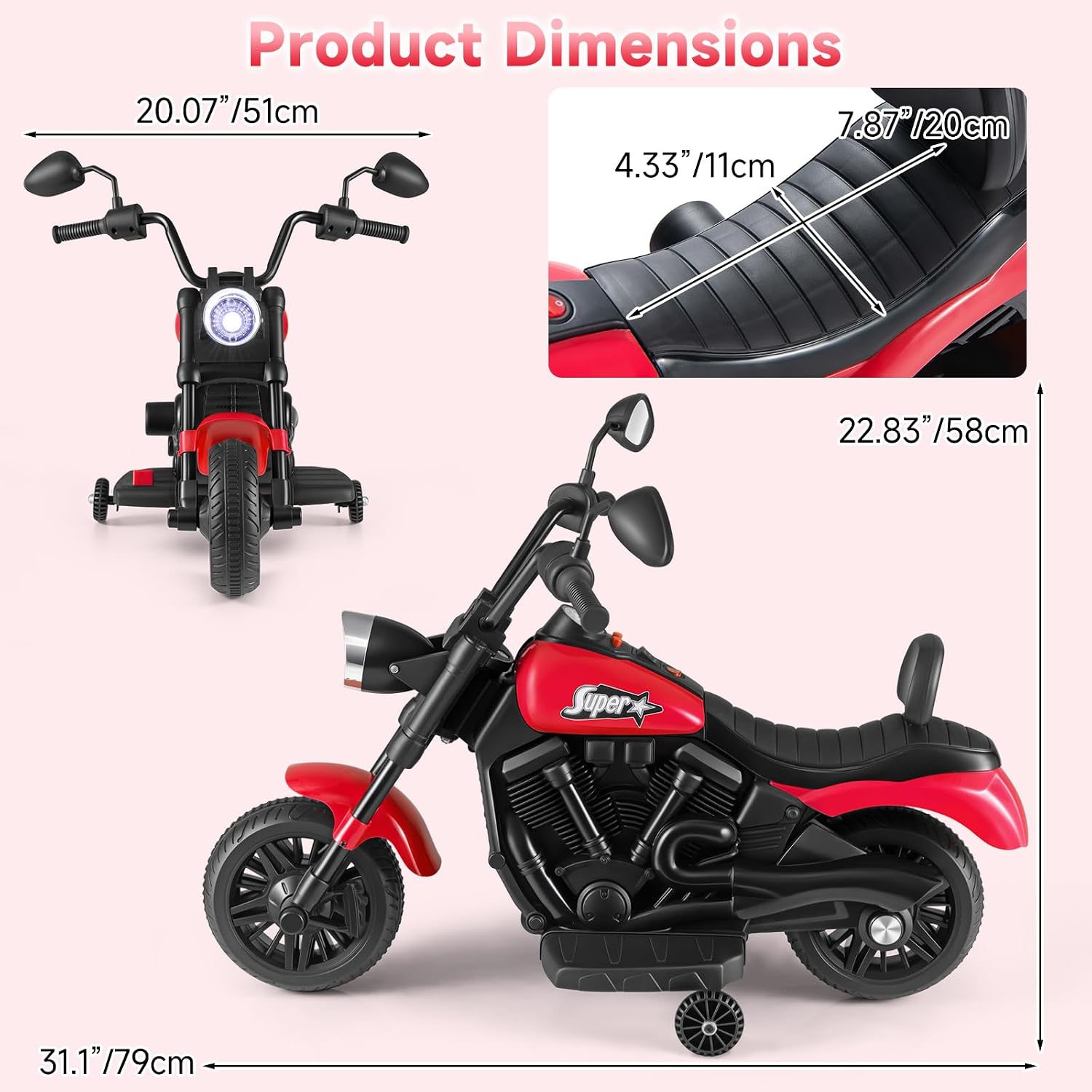 OLAKIDS Kids Motorcycle, 6V Ride On Toy with Training Wheels, for Toddlers 3+ Years