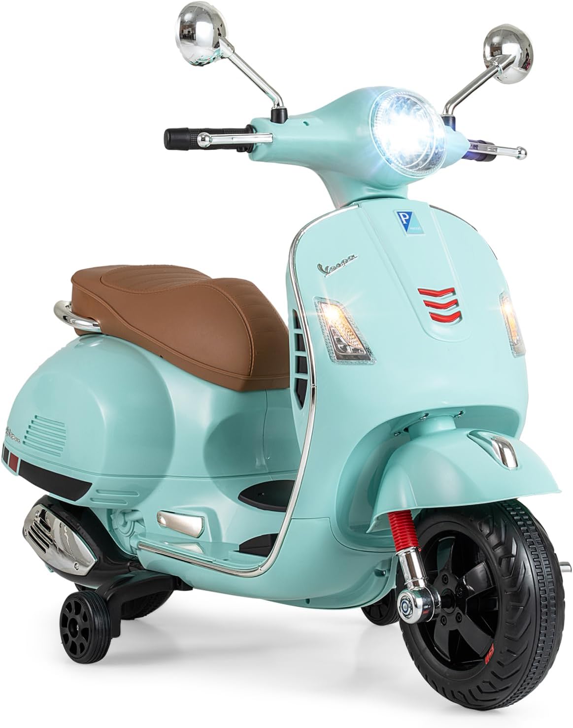 Licensed Vespa Scooter Kids Motorcycle by OLAKIDS, 12V Ride on Electric Motorcycle with Training Wheels LED Lights Music Story Mode Horn