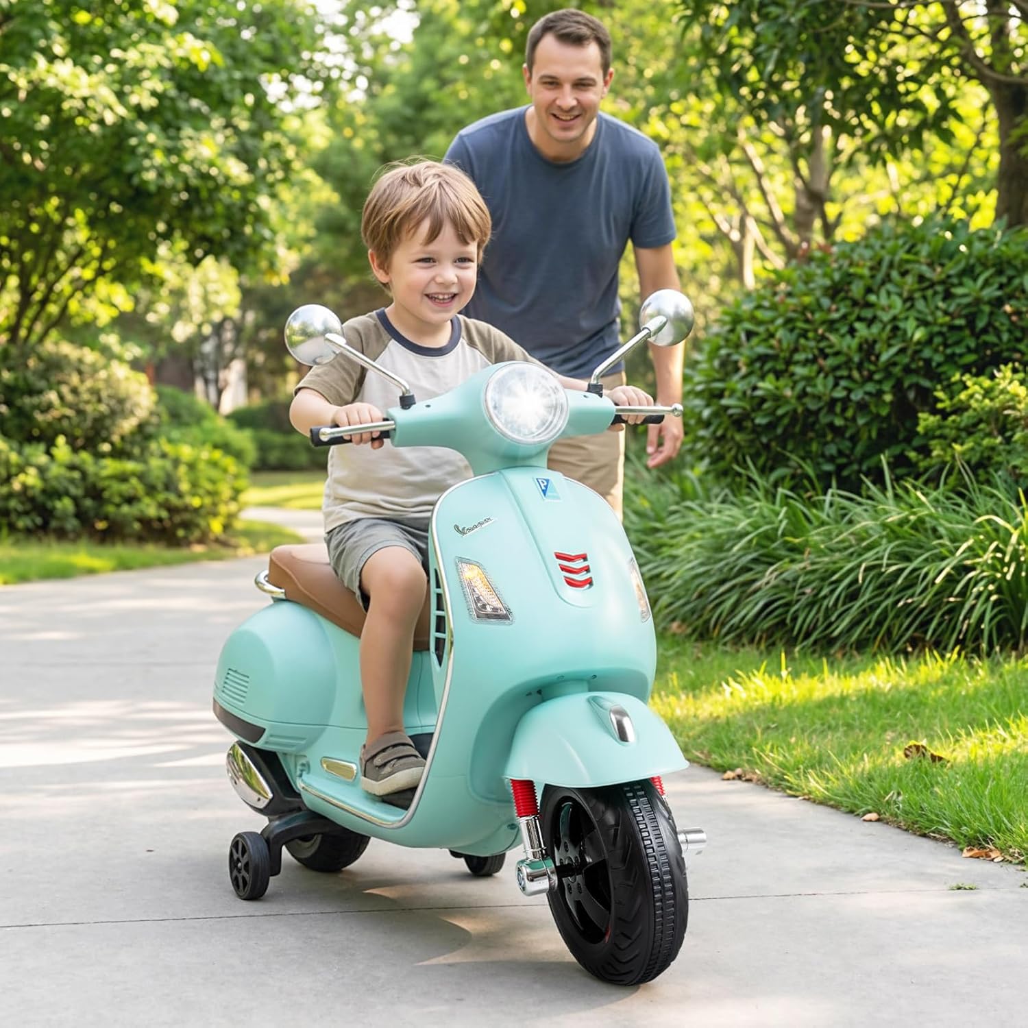 Licensed Vespa Scooter Kids Motorcycle by OLAKIDS, 12V Ride on Electric Motorcycle with Training Wheels LED Lights Music Story Mode Horn