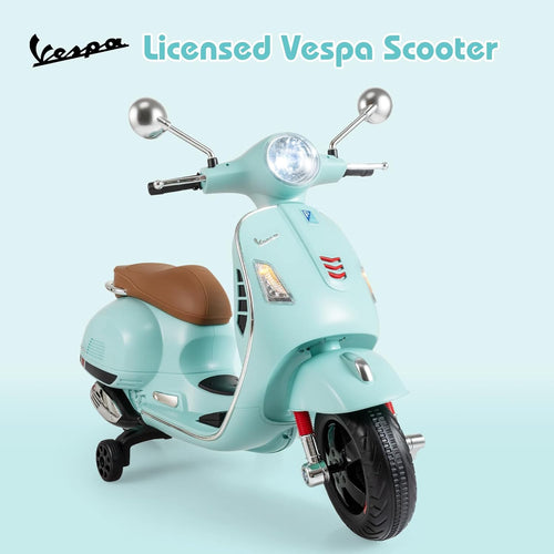 Licensed Vespa Scooter Kids Motorcycle by OLAKIDS, 12V Ride on Electric Motorcycle with Training Wheels LED Lights Music Story Mode Horn
