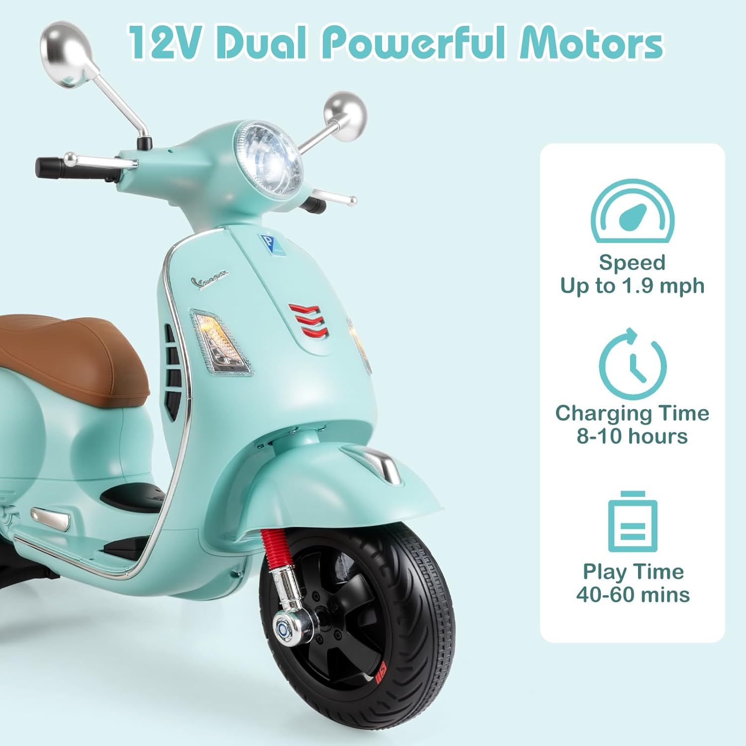 Licensed Vespa Scooter Kids Motorcycle by OLAKIDS, 12V Ride on Electric Motorcycle with Training Wheels LED Lights Music Story Mode Horn