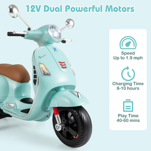 Licensed Vespa Scooter Kids Motorcycle by OLAKIDS, 12V Ride on Electric Motorcycle with Training Wheels LED Lights Music Story Mode Horn