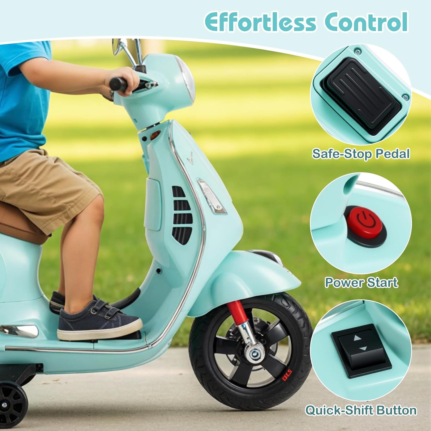 Licensed Vespa Scooter Kids Motorcycle by OLAKIDS, 12V Ride on Electric Motorcycle with Training Wheels LED Lights Music Story Mode Horn