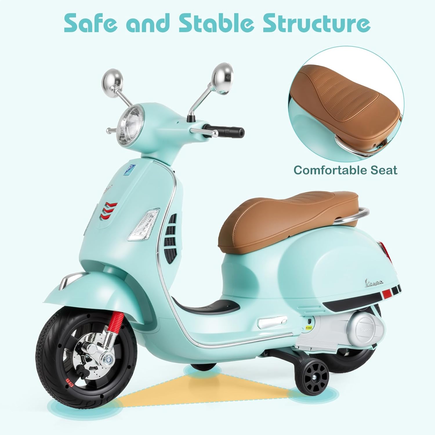 Licensed Vespa Scooter Kids Motorcycle by OLAKIDS, 12V Ride on Electric Motorcycle with Training Wheels LED Lights Music Story Mode Horn